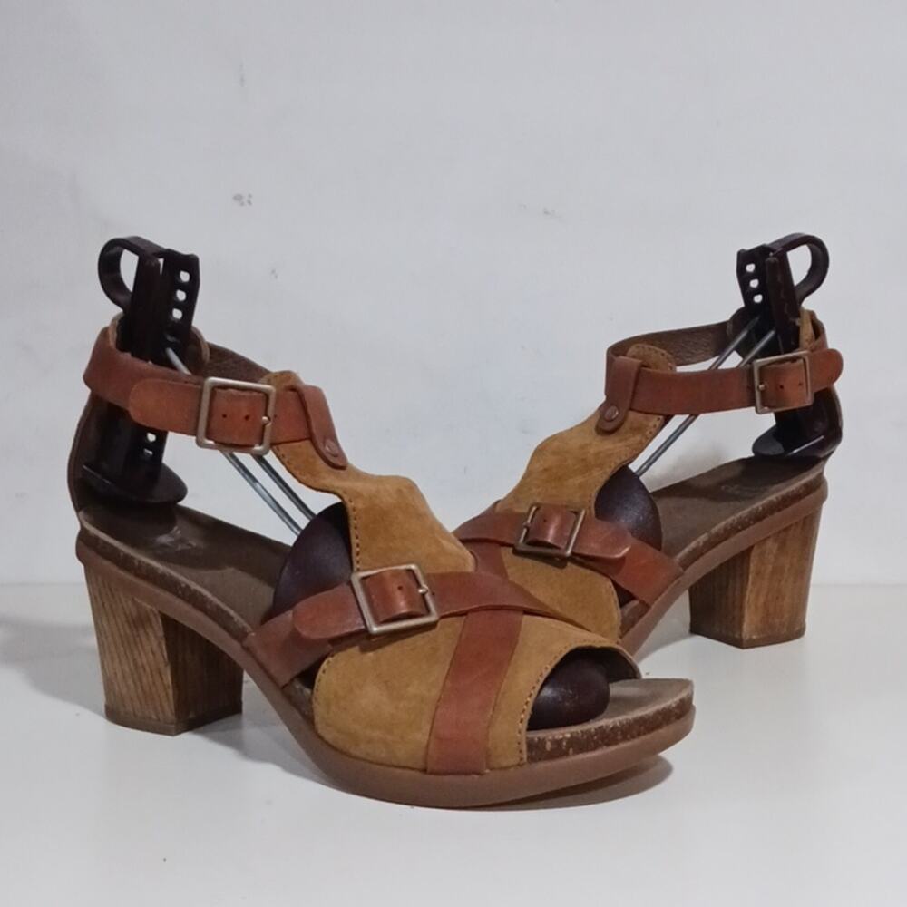 Dansko Brown and Tan Leather Suede Sandal Heels